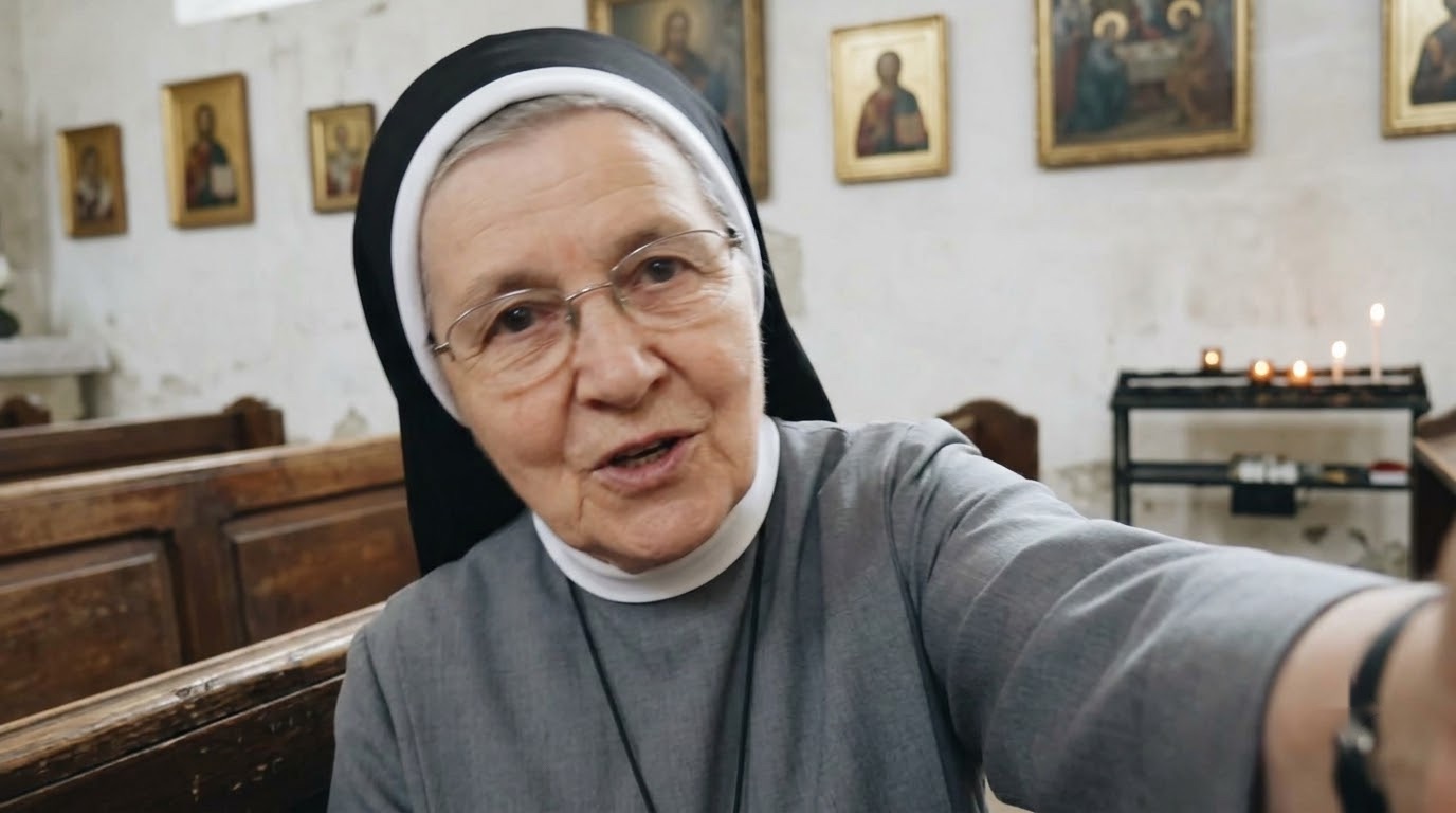 Sister Agnes in the chapel, speaking to the camera