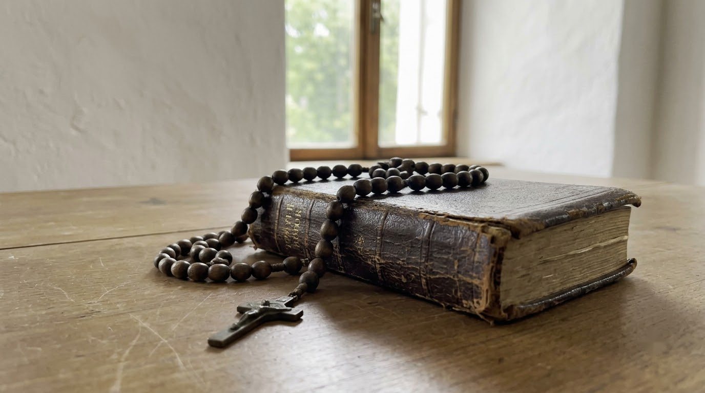 Rosary and prayer book on a wooden table
